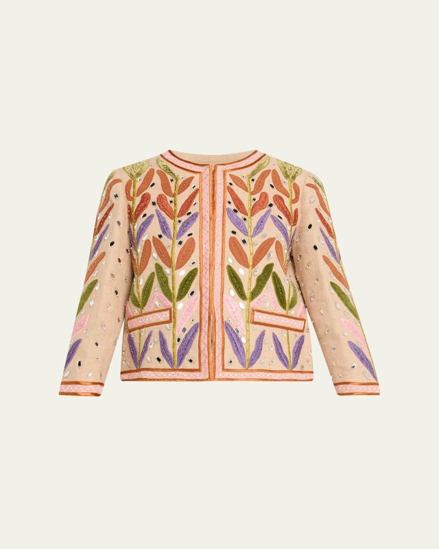 Beaded Leaf-Embroidered Linen Jacket